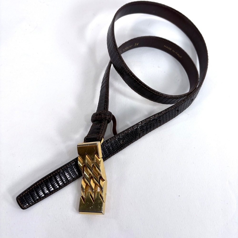 Vintage F.G. Bodener Belt Brown Lizard Leather Gold Architectural Buckle Size 34
